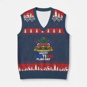 Happy Haitian Flag Day May 18 Heritage Celebration V-Neck Knit Sweater Vest L'Union Fait La Force Coat Of Arms Fireworks