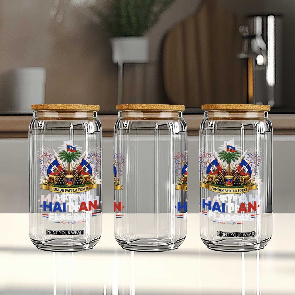 Happy Haitian Flag Day May 18 Heritage Celebration Glass Can L'Union Fait La Force Coat Of Arms Fireworks