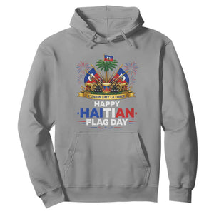 Happy Haitian Flag Day May 18 Heritage Celebration Hoodie L'Union Fait La Force Coat Of Arms Fireworks