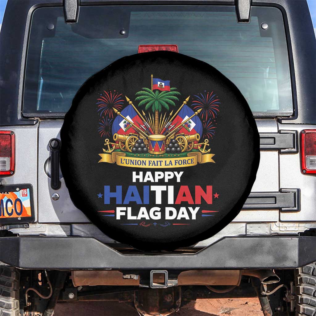 Happy Haitian Flag Day May 18 Heritage Celebration Spare Tire Cover L'Union Fait La Force Coat Of Arms Fireworks