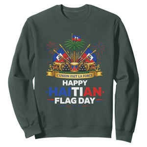 Happy Haitian Flag Day May 18 Heritage Celebration Sweatshirt L'Union Fait La Force Coat Of Arms Fireworks
