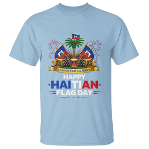 Happy Haitian Flag Day May 18 Heritage Celebration T Shirt L'Union Fait La Force Coat Of Arms Fireworks