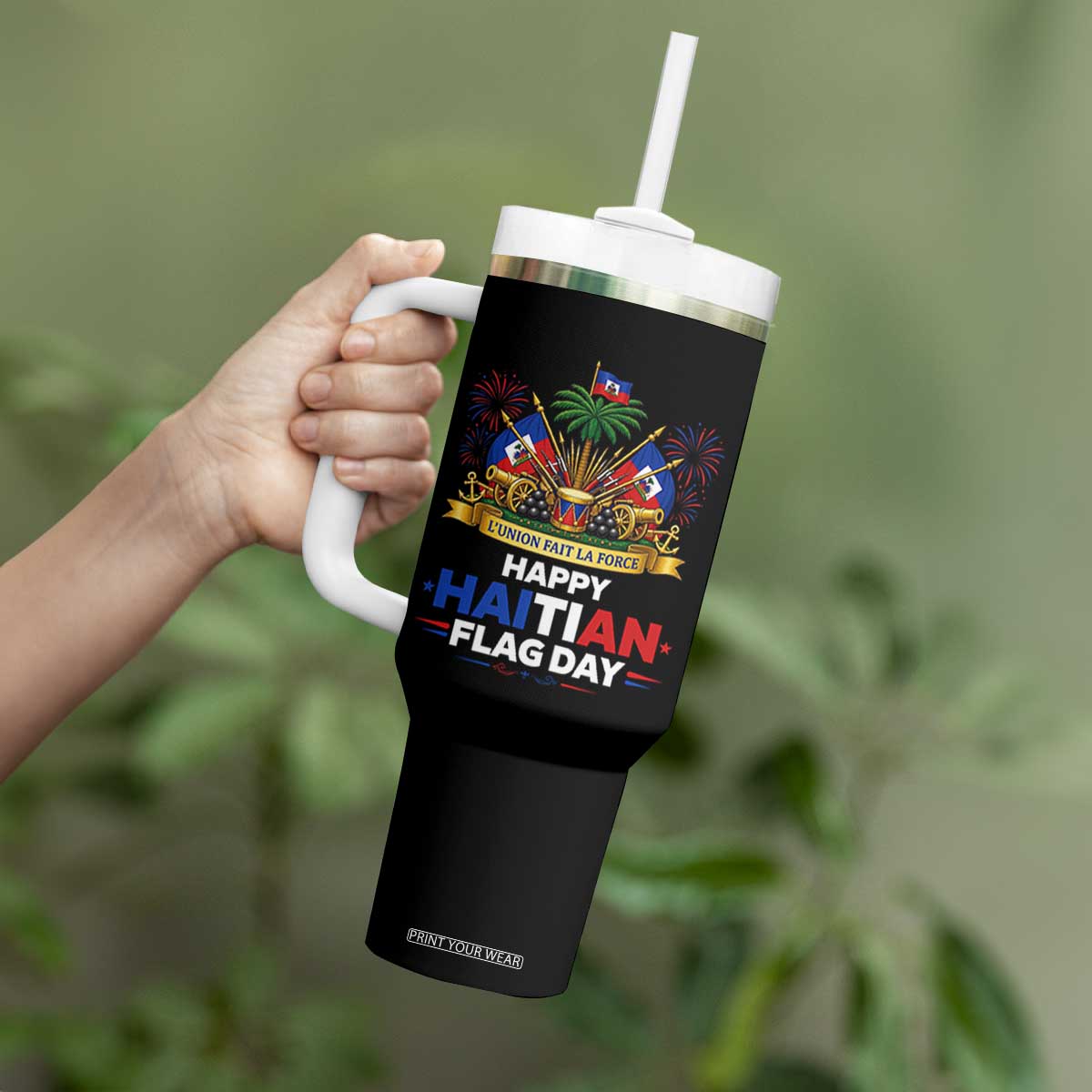 Happy Haitian Flag Day May 18 Heritage Celebration Tumbler With Handle L'Union Fait La Force Coat Of Arms Fireworks