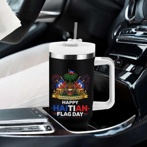 Happy Haitian Flag Day May 18 Heritage Celebration Tumbler With Handle L'Union Fait La Force Coat Of Arms Fireworks