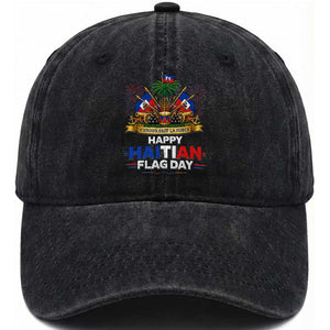 Happy Haitian Flag Day May 18 Heritage Celebration Washed Cotton Baseball Cap L'Union Fait La Force Coat Of Arms Fireworks