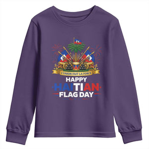 Happy Haitian Flag Day May 18 Heritage Celebration Youth Sweatshirt L'Union Fait La Force Coat Of Arms Fireworks
