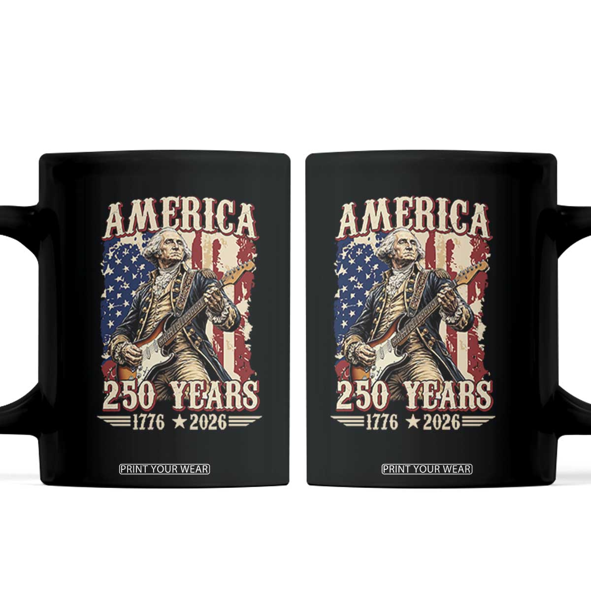 America 250 Years George Washington Rock Star Coffee Mug Funny Electric Guitar Player Vintage American Flag 1776 to 2026 Semiquincentennial