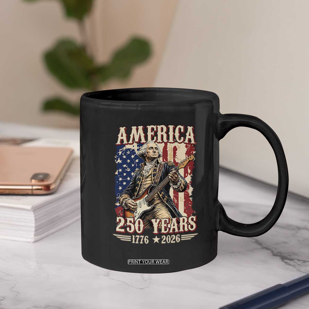 America 250 Years George Washington Rock Star Coffee Mug Funny Electric Guitar Player Vintage American Flag 1776 to 2026 Semiquincentennial TS02 Print Your Wear