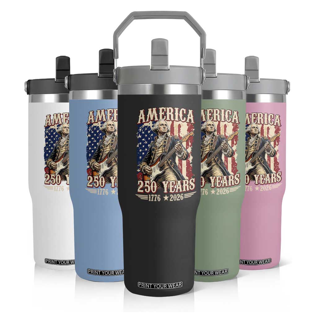 America 250 Years George Washington Rock Star Flip Straw Tumbler Funny Electric Guitar Player Vintage American Flag 1776 to 2026 Semiquincentennial TS02 Print Your Wear