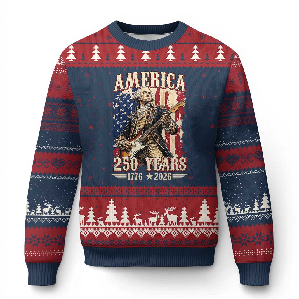 America 250 Years George Washington Rock Star Ugly Christmas Sweater Funny Electric Guitar Player Vintage American Flag 1776 to 2026 Semiquincentennial TS02 Navy Red Print Your Wear