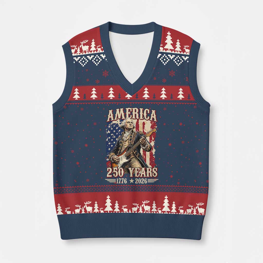 America 250 Years George Washington Rock Star V-Neck Knit Sweater Vest Funny Electric Guitar Player Vintage American Flag 1776 to 2026 Semiquincentennial TS02 Navy Red Print Your Wear