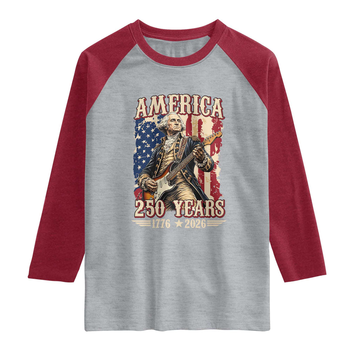 America 250 Years George Washington Rock Star Raglan Shirt Funny Electric Guitar Player Vintage American Flag 1776 to 2026 Semiquincentennial TS02 Heather Gray Heather Red Print Your Wear