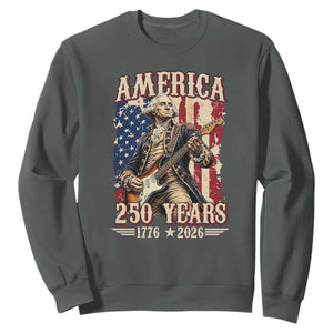 America 250 Years George Washington Rock Star Sweatshirt Funny Electric Guitar Player Vintage American Flag 1776 to 2026 Semiquincentennial TS02 Dark Heather Print Your Wear