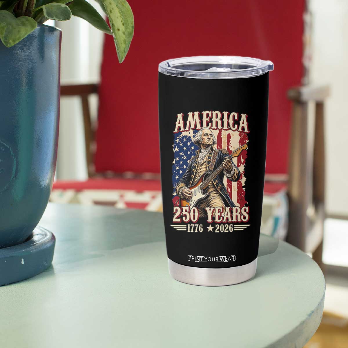 America 250 Years George Washington Rock Star Tumbler Cup Funny Electric Guitar Player Vintage American Flag 1776 to 2026 Semiquincentennial TS02 Print Your Wear