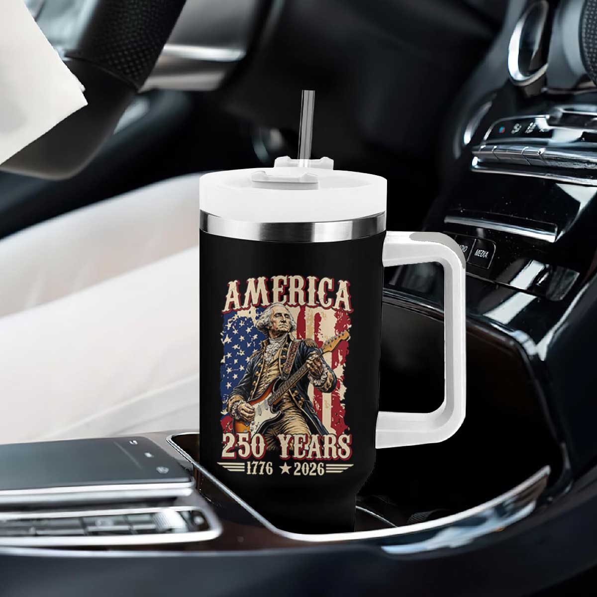 America 250 Years George Washington Rock Star Tumbler With Handle Funny Electric Guitar Player Vintage American Flag 1776 to 2026 Semiquincentennial TS02 Print Your Wear