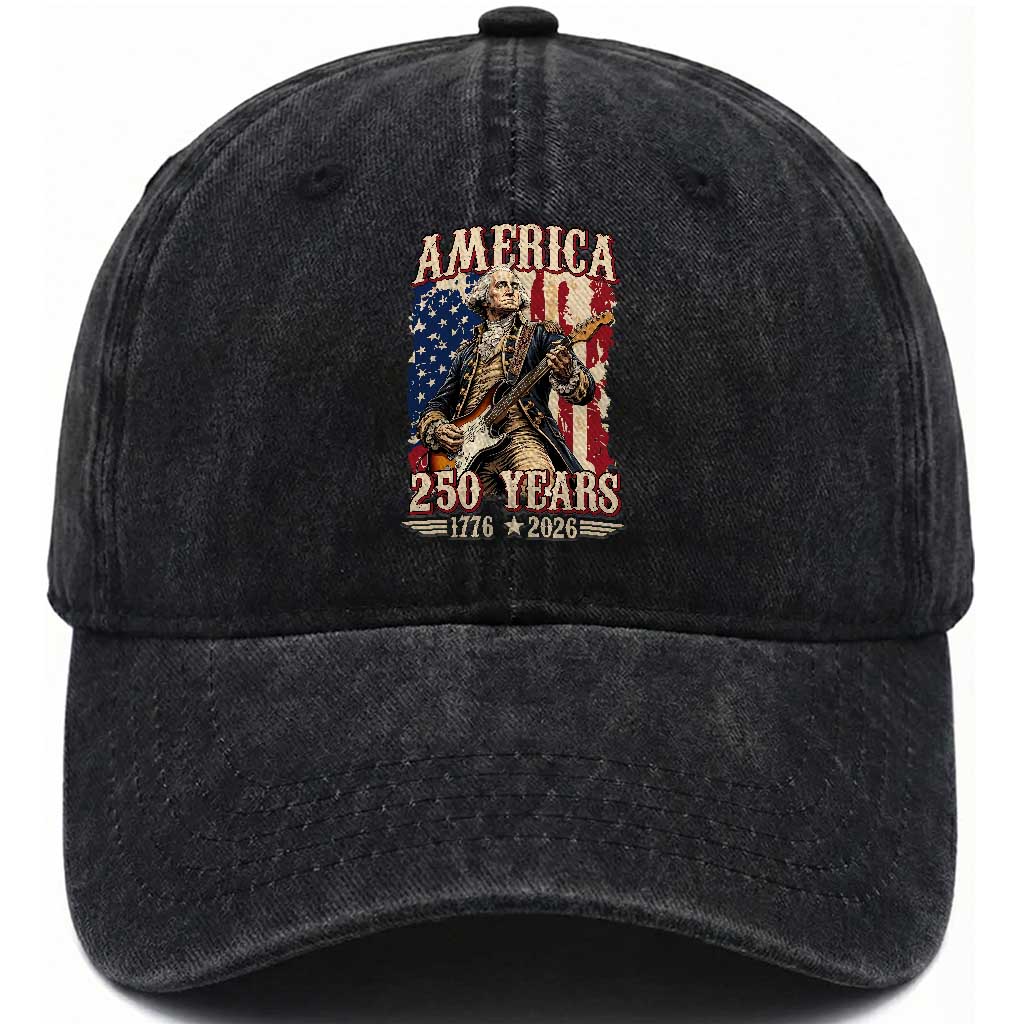 America 250 Years George Washington Rock Star Washed Cotton Baseball Cap Funny Electric Guitar Player Vintage American Flag 1776 to 2026 Semiquincentennial TS02 Print Your Wear