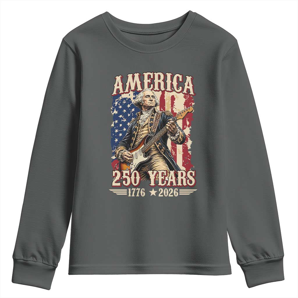 America 250 Years George Washington Rock Star Youth Sweatshirt Funny Electric Guitar Player Vintage American Flag 1776 to 2026 Semiquincentennial TS02 Dark Heather Print Your Wear