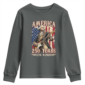America 250 Years George Washington Rock Star Youth Sweatshirt Funny Electric Guitar Player Vintage American Flag 1776 to 2026 Semiquincentennial TS02 Dark Heather Print Your Wear