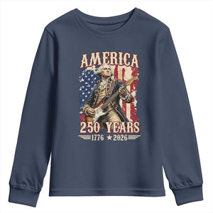 America 250 Years George Washington Rock Star Youth Sweatshirt Funny Electric Guitar Player Vintage American Flag 1776 to 2026 Semiquincentennial TS02 Navy Print Your Wear