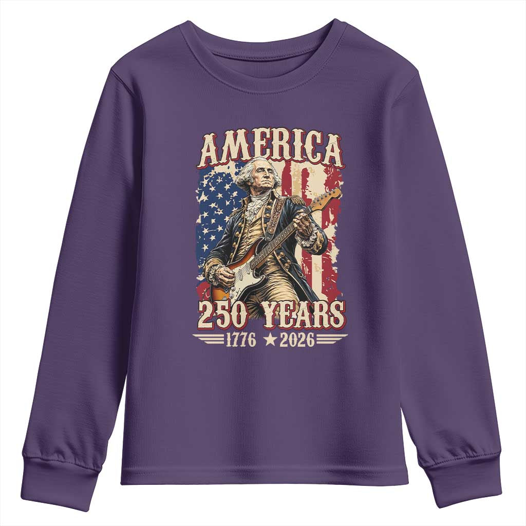 America 250 Years George Washington Rock Star Youth Sweatshirt Funny Electric Guitar Player Vintage American Flag 1776 to 2026 Semiquincentennial TS02 Purple Print Your Wear