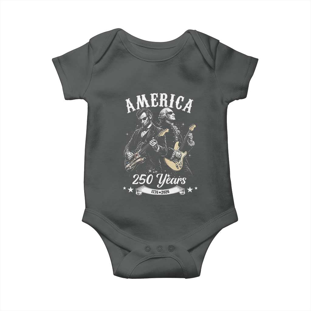 America 250 Years Abraham Lincoln and George Washington Rock Concert Baby Onesie Presidents Jamming Electric Guitars 1776 to 2026 Semiquincentennial TS02 Dark Heather Print Your Wear