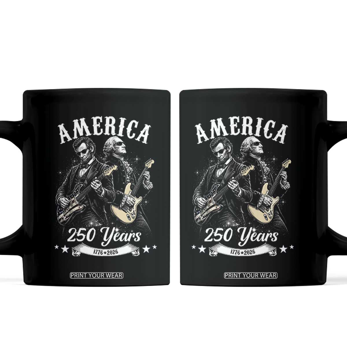 America 250 Years Abraham Lincoln and George Washington Rock Concert Coffee Mug Presidents Jamming Electric Guitars 1776 to 2026 Semiquincentennial