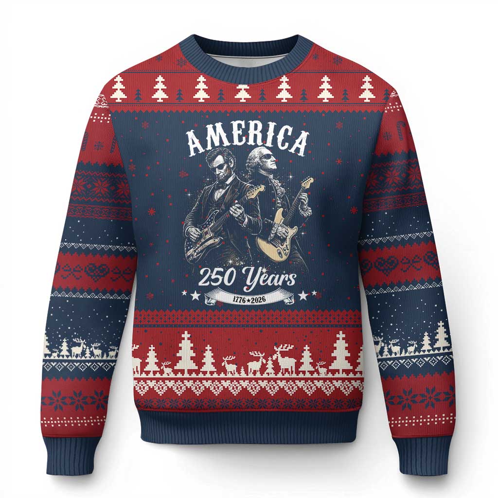 America 250 Years Abraham Lincoln and George Washington Rock Concert Ugly Christmas Sweater Presidents Jamming Electric Guitars 1776 to 2026 Semiquincentennial TS02 Navy Red Print Your Wear