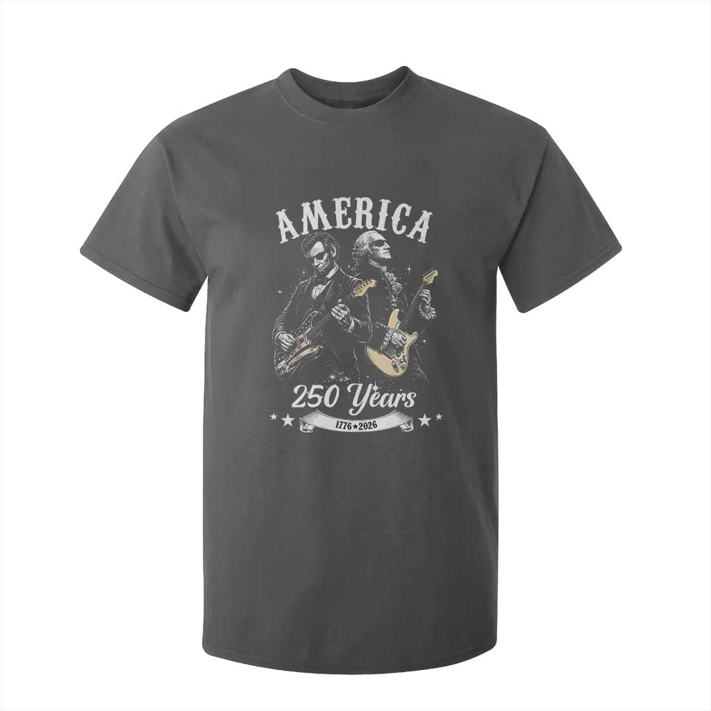 America 250 Years Abraham Lincoln and George Washington Rock Concert T Shirt For Kid Presidents Jamming Electric Guitars 1776 to 2026 Semiquincentennial TS02 Dark Heather Print Your Wear