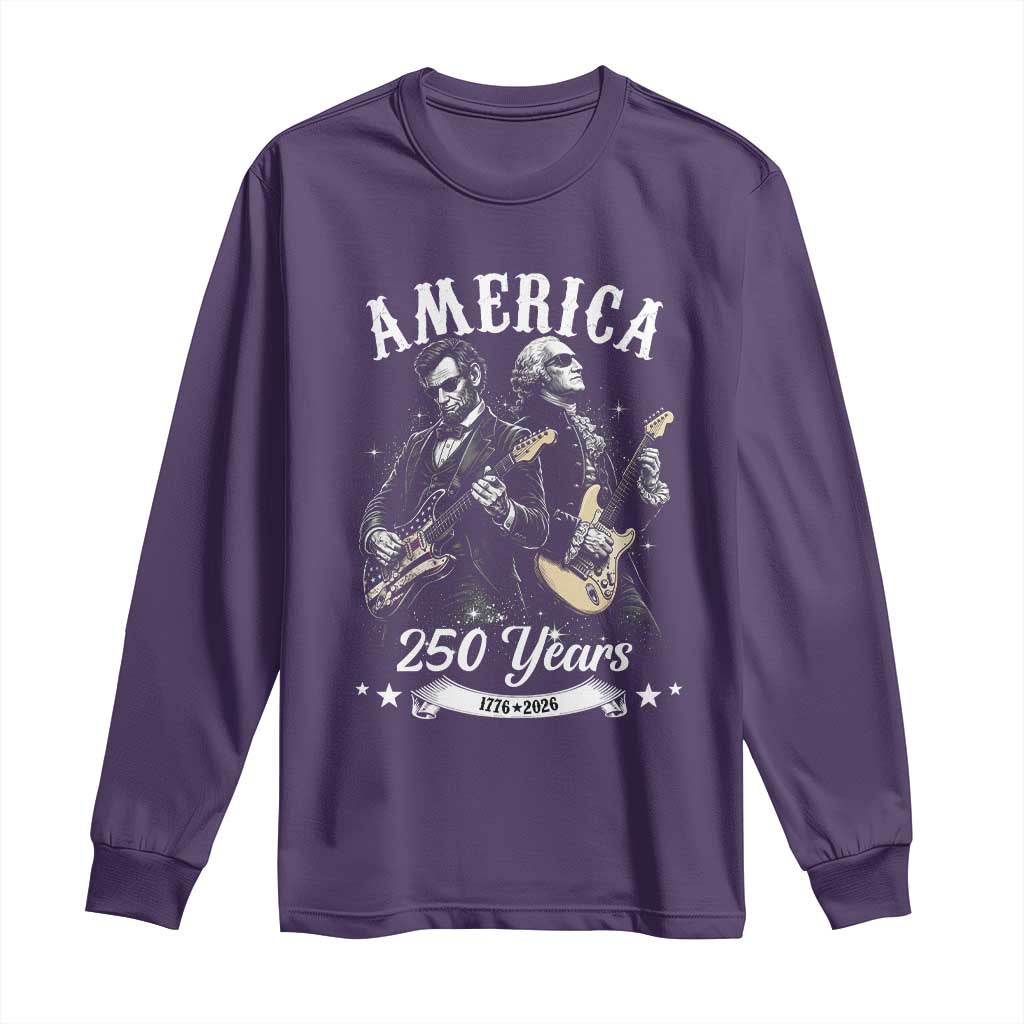 America 250 Years Abraham Lincoln and George Washington Rock Concert Long Sleeve Shirt Presidents Jamming Electric Guitars 1776 to 2026 Semiquincentennial TS02 Purple Print Your Wear