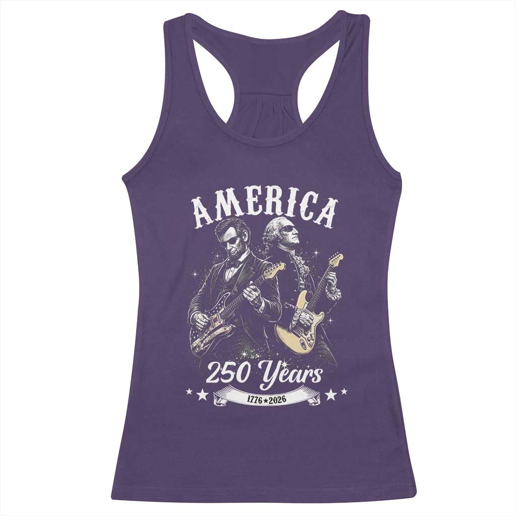 America 250 Years Abraham Lincoln and George Washington Rock Concert Racerback Tank Top Presidents Jamming Electric Guitars 1776 to 2026 Semiquincentennial TS02 Purple Print Your Wear