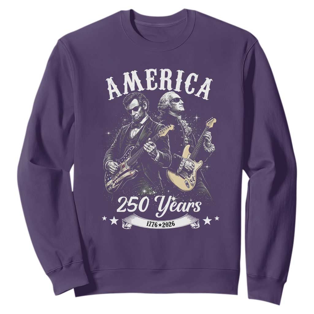 America 250 Years Abraham Lincoln and George Washington Rock Concert Sweatshirt Presidents Jamming Electric Guitars 1776 to 2026 Semiquincentennial TS02 Purple Print Your Wear