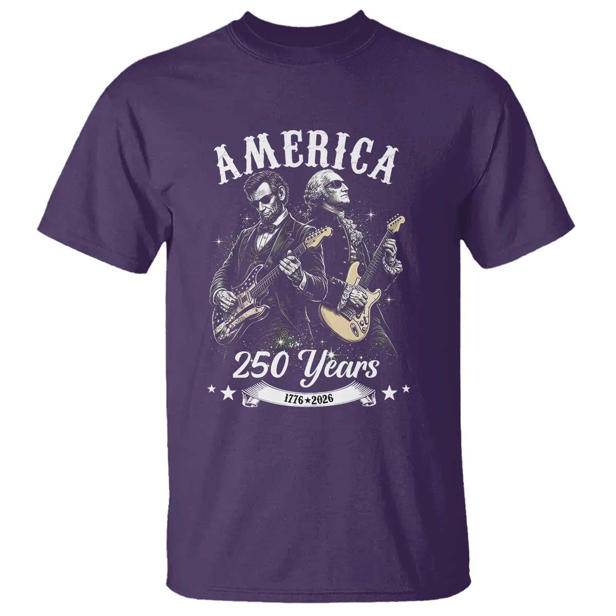 America 250 Years Abraham Lincoln and George Washington Rock Concert T Shirt Presidents Jamming Electric Guitars 1776 to 2026 Semiquincentennial TS02 Purple Print Your Wear