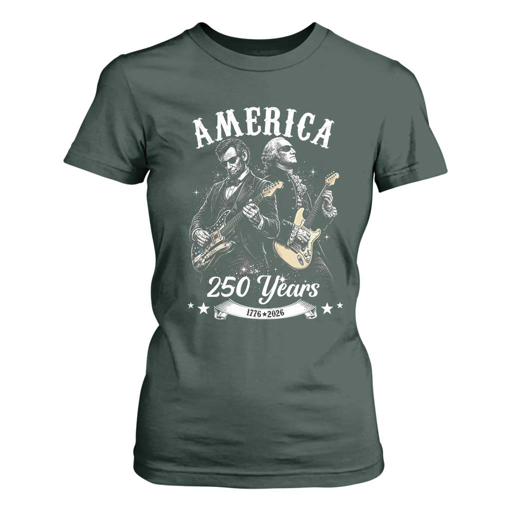 America 250 Years Abraham Lincoln and George Washington Rock Concert T Shirt For Women Presidents Jamming Electric Guitars 1776 to 2026 Semiquincentennial