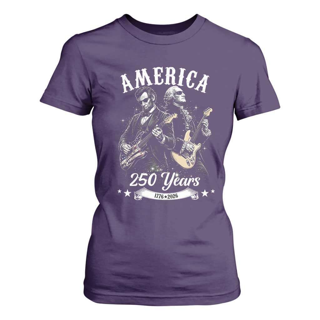 America 250 Years Abraham Lincoln and George Washington Rock Concert T Shirt For Women Presidents Jamming Electric Guitars 1776 to 2026 Semiquincentennial