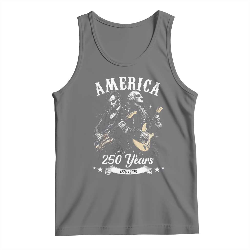 America 250 Years Abraham Lincoln and George Washington Rock Concert Tank Top Presidents Jamming Electric Guitars 1776 to 2026 Semiquincentennial TS02 Black Heather Print Your Wear