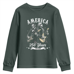 America 250 Years Abraham Lincoln and George Washington Rock Concert Youth Sweatshirt Presidents Jamming Electric Guitars 1776 to 2026 Semiquincentennial TS02 Dark Forest Green Print Your Wear