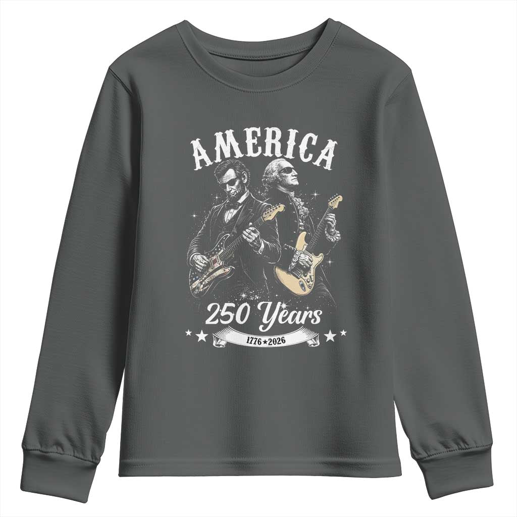 America 250 Years Abraham Lincoln and George Washington Rock Concert Youth Sweatshirt Presidents Jamming Electric Guitars 1776 to 2026 Semiquincentennial TS02 Dark Heather Print Your Wear