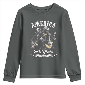 America 250 Years Abraham Lincoln and George Washington Rock Concert Youth Sweatshirt Presidents Jamming Electric Guitars 1776 to 2026 Semiquincentennial TS02 Dark Heather Print Your Wear