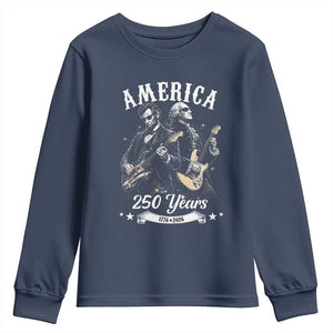 America 250 Years Abraham Lincoln and George Washington Rock Concert Youth Sweatshirt Presidents Jamming Electric Guitars 1776 to 2026 Semiquincentennial TS02 Navy Print Your Wear
