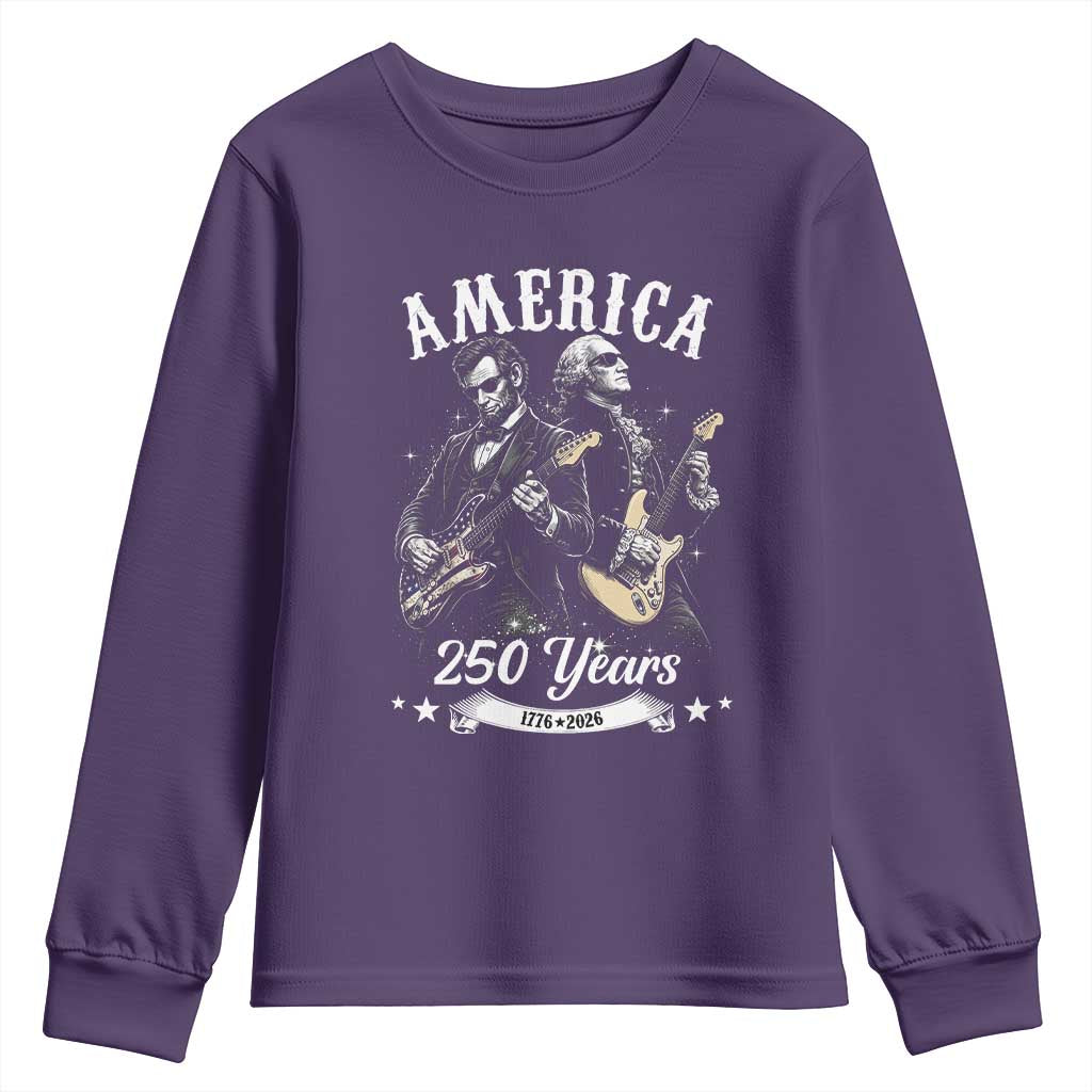 America 250 Years Abraham Lincoln and George Washington Rock Concert Youth Sweatshirt Presidents Jamming Electric Guitars 1776 to 2026 Semiquincentennial TS02 Purple Print Your Wear