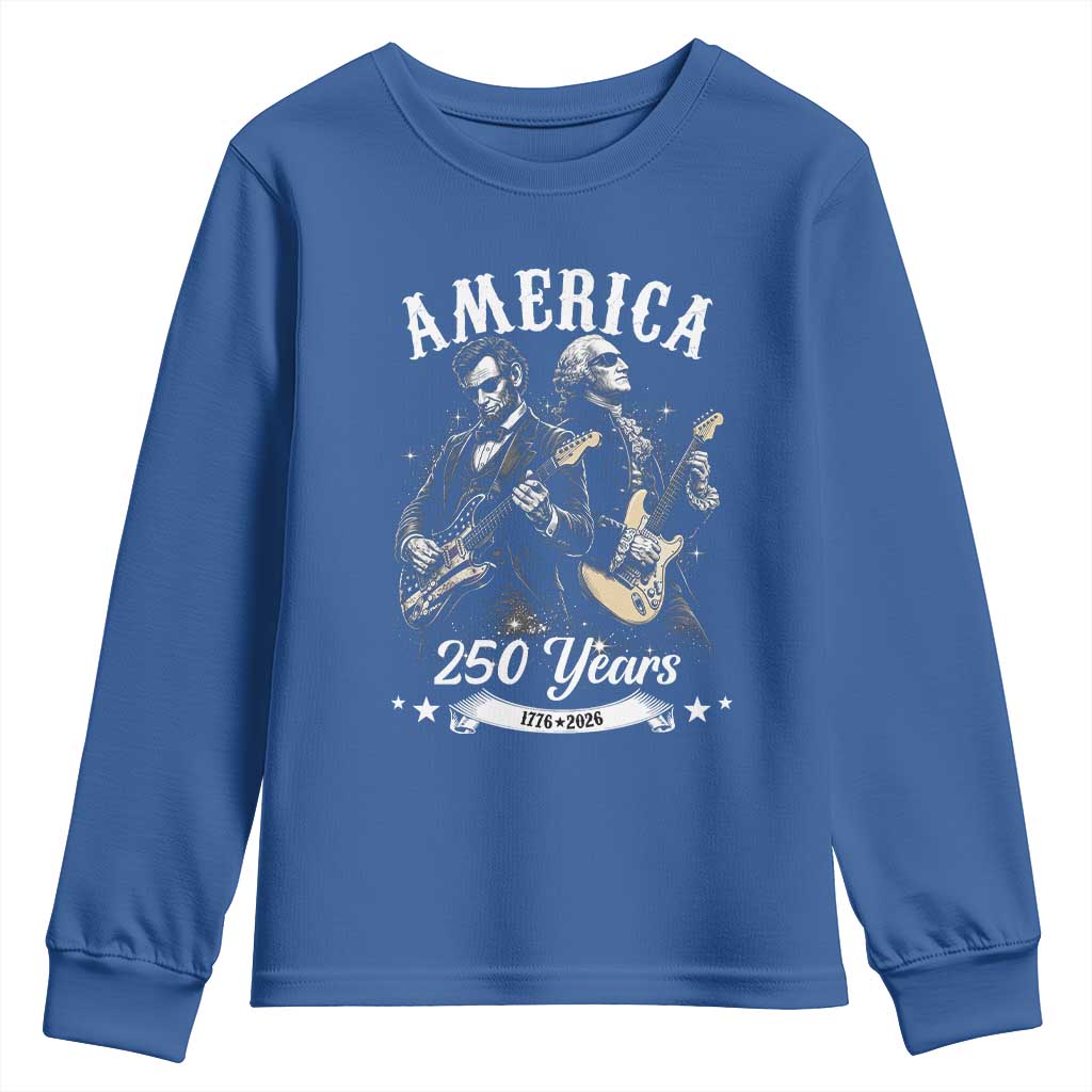 America 250 Years Abraham Lincoln and George Washington Rock Concert Youth Sweatshirt Presidents Jamming Electric Guitars 1776 to 2026 Semiquincentennial TS02 Royal Blue Print Your Wear
