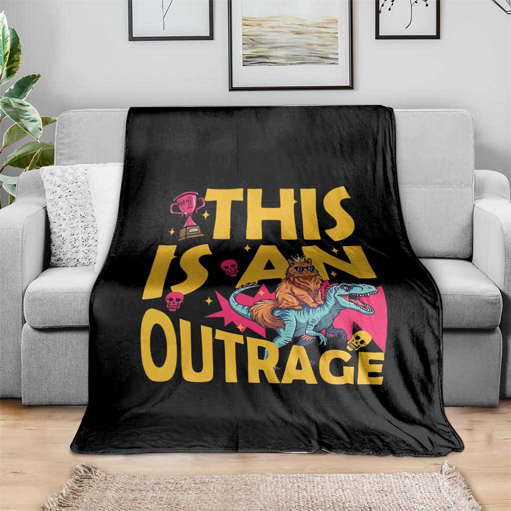 This Is An Outrage Sassy Cat Riding Raptor Dinosaur Throw Blanket Retro Pop Art Graphic