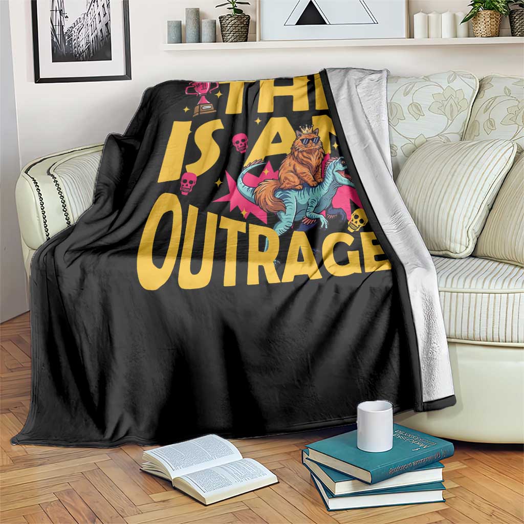 This Is An Outrage Sassy Cat Riding Raptor Dinosaur Throw Blanket Retro Pop Art Graphic