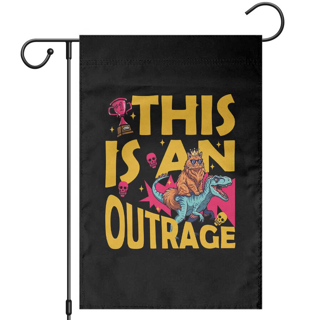 This Is An Outrage Sassy Cat Riding Raptor Dinosaur Garden Flag Retro Pop Art Graphic