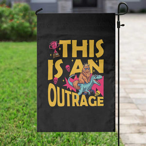 This Is An Outrage Sassy Cat Riding Raptor Dinosaur Garden Flag Retro Pop Art Graphic