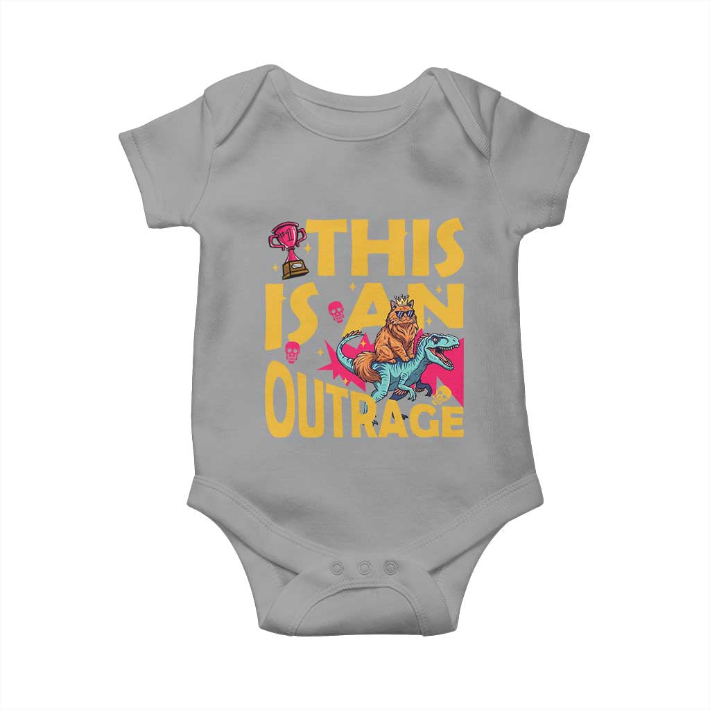 This Is An Outrage Sassy Cat Riding Raptor Dinosaur Baby Onesie Retro Pop Art Graphic