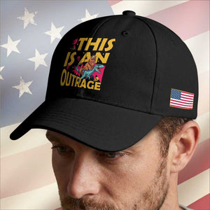 This Is An Outrage Sassy Cat Riding Raptor Dinosaur Baseball Cap Retro Pop Art Graphic
