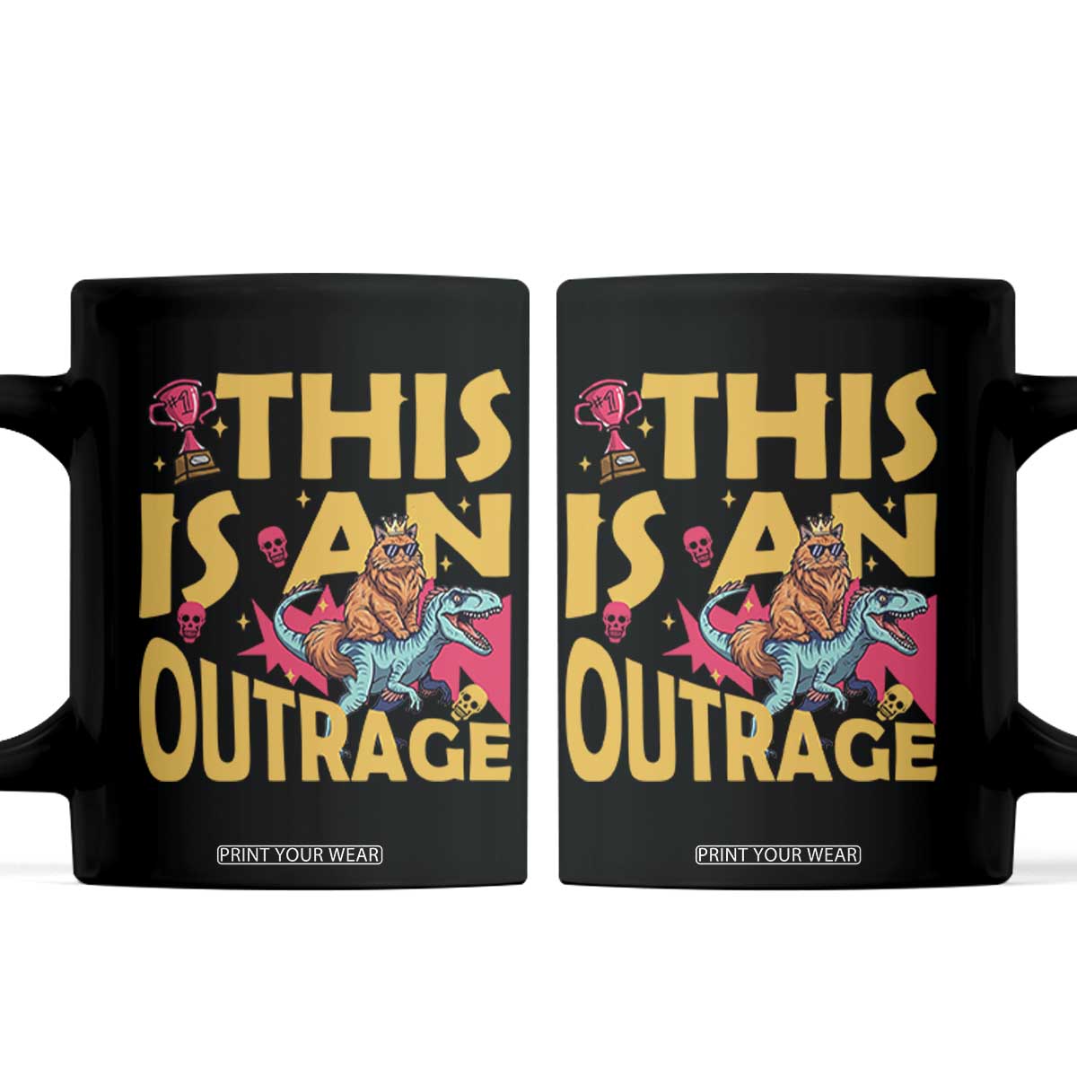 This Is An Outrage Sassy Cat Riding Raptor Dinosaur Coffee Mug Retro Pop Art Graphic