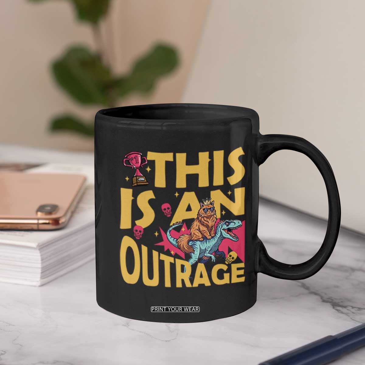 This Is An Outrage Sassy Cat Riding Raptor Dinosaur Coffee Mug Retro Pop Art Graphic