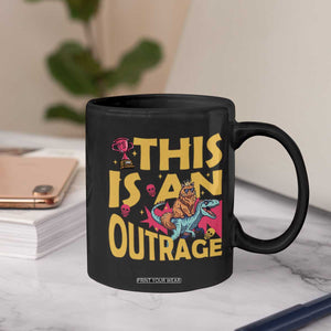 This Is An Outrage Sassy Cat Riding Raptor Dinosaur Coffee Mug Retro Pop Art Graphic